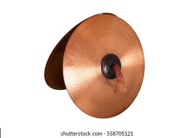 Close up of an prcussion cymbals with leather handle  isolated on background.