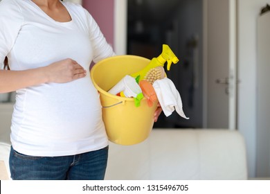 Close Up Pregnant Woman With Cleaning Toilet Tools. Pregnancy Housework With Copy Space For Texture