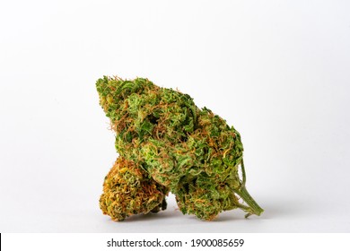 Close Up Prescription Medical Marijuana Flower. CBD Cannabis Bud Photography For Dispensary Menu. Medical Marijuana Strain. Weed Bud, Weed Flower On White Background.