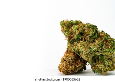 Close Up Prescription Medical Marijuana Flower. CBD Cannabis Bud Photography For Dispensary Menu. Medical Marijuana Strain. Weed Bud, Weed Flower On White Background.