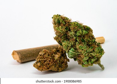 Close up prescription medical marijuana flower and pre-rolled joint. CBD cannabis bud photography for dispensary menu. Medical marijuana strain THC. Weed bud, weed flower on white background.