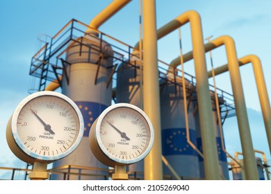 Close up of pressure gauge showing low gas pressure at natural gas factory with European union flag on the gas tanks - Shutterstock ID 2105269040