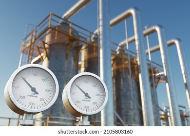 Close Up Of Pressure Gauge Showing Low Pressure At Natural Gas Factory With European Union Flag On The Gas Tanks