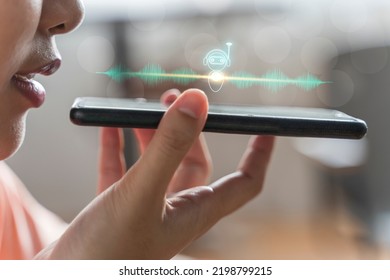 Close up of pretty woman holding in hand smart phone talking with digital assistant or friend distantly uses easy voice messaging, concept of modern ai technology, voice recognition, online translator