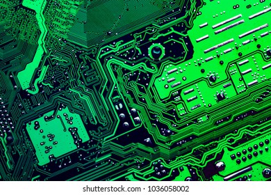 Close up of a printed green computer circuit board