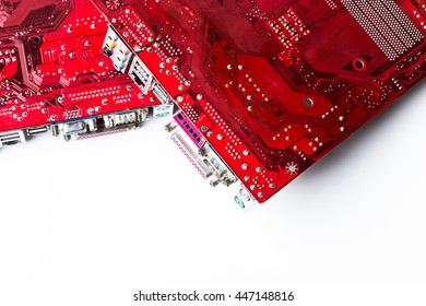 Close up of a printed red computer circuit board