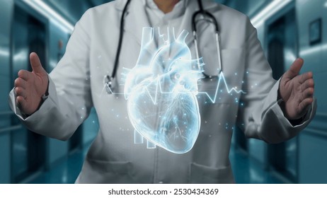 Close up of professional doctor holding heart anatomy hologram floating at hospital. Smart medical worker checking and preparing for heart surgery by using technology innovation. Cardiology. Remedial. - Powered by Shutterstock