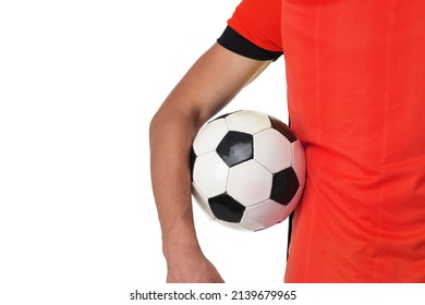 Close Up Of Professional Soccer Player In Red Jersey Uniform Holding Ball Studio Isolated On Wite Background