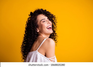 Close Up Profile Portrait Of Cute Optimistic Brown Curly Long Hairdo Lady Closed Eyes Laughing Wear Top Isolated On Yellow Color Background