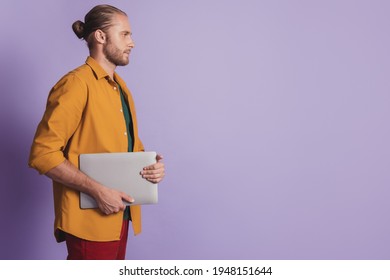 Close Up Profile Portrait Of Guy With Beard Hold Computer Look Empty Space