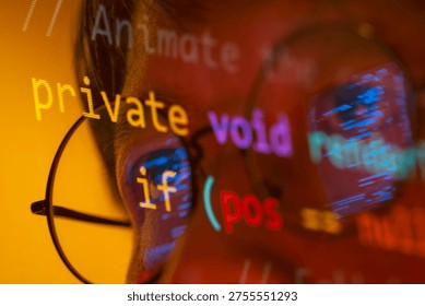Close up Programmer eye are looking code, and develop software, websites, or applications using programming languages JavaScript, and C++ to test and debug to ensure the system functions efficiently