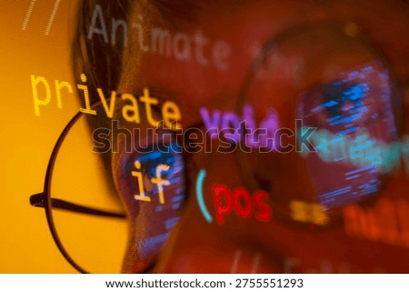 Close up Programmer eye are looking code, and develop software, websites, or applications using programming languages JavaScript, and C++ to test and debug to ensure the system functions efficiently