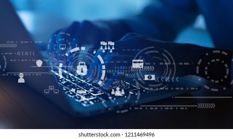 close up programmer man hand type keyboard input code for register and unlock system password on laptop in dark operation room with virtual reality interface for cyber security and safety concept - Powered by Shutterstock