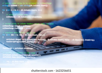 Close Up Programmer Man Hand Type  On Keyboard At Computer Desktop For Input Coding Language To Software For Fix Bug And Defect N Operation Room , Development Of Technology And Work From Home Concept