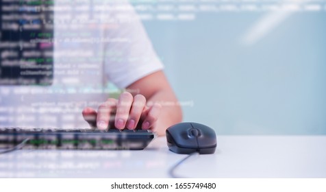 Close Up Programmer Man Hand Typing On Keyboard At Desktop Pc To Input Code Language Into Software For Study Bug And Defect Of System At Office For Development Of Technology Concept