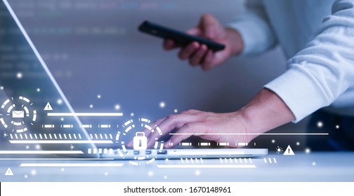 close up programmer man hand typing on keyboard laptop for register data system or access password with virtual interface protection of cyber security at operation room , futuristic technology concept