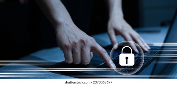 close up programmer man hand typing keyboard input code for register and unlock system password on laptop in darkness operation room with virtual reality interface, cyber security concept