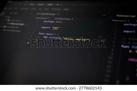 Close up of programming language Hello World source code on computer screen with dark editor interface. Software development, backend coding and modern technology concept.