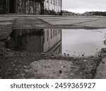 Close up of a puddle on a street in front of a building 