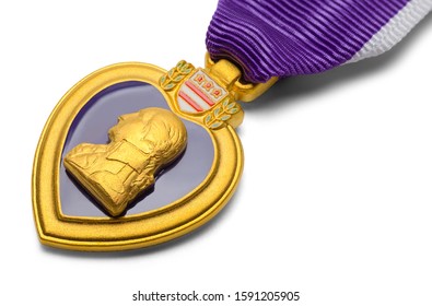 Close Up Of Purple Heart Military Medal Isolated On White.