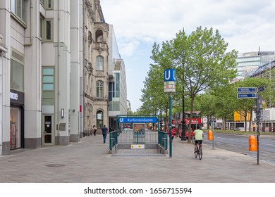 Close Up Railway Station Entrance Of Kurfürstendamm Station In Berlin Germany 10 May 2018. Selective Focus.