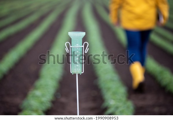 Close up of rain gauge\
instrument in field after heavy rain in spring time. Farmer walking\
in background