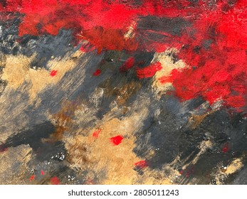 Close up of random brushed paint in mixture of red, blue, beige, and brown color. Vintage concept abstract painting or mural. Seamless background texture