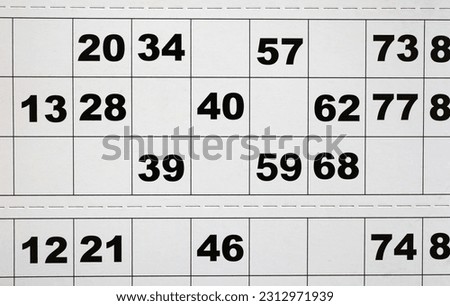 Close up of the random numbers of a paper bingo card