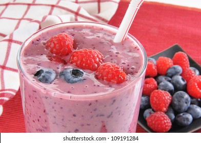 Close Up Of A Raspberry And Blueberry Smoothie Made With Vanilla Yogurt