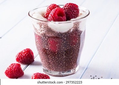 Close Up Of Raspberry Chia Seed Yogurt Parfait.