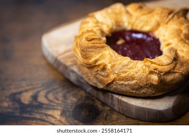 Close up raspberry Danish pastry. Baked goods. Sweet tooth. Close up isolated. Wood wooden board. Food photography. Delicious tasty treat breakfast. Fresh. Afternoon tea. - Powered by Shutterstock