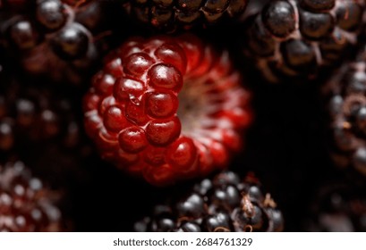 A close up of a raspberry with a red stem. Concept of freshness and natural beauty
