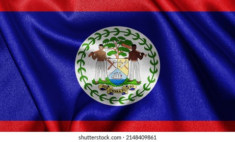 Close up realistic texture fabric textile silk satin flag of Belize waving fluttering background. National symbol of the country. 21st of September, Happy Day concept
