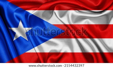 Close up realistic texture fabric textile silk satin flag of Puerto Rico waving fluttering background. National symbol of the country. 12th of June, Happy Day concept
