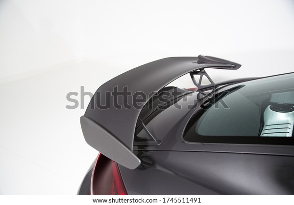 Close up of rear spoiler\
on sports car
