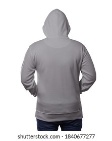 Close Up Rear View Image Of A Man Wearing Grey Hoodie Isolated On White, Men's Back, Thinking Gesture