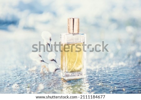 Close up of rectangular transparent glass bottle of golden perfume stands near snowy twig on a frosted pond.