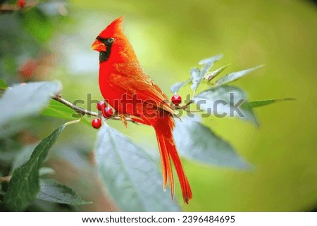 Close up of red cardinal bird perched on holly branch with red berries