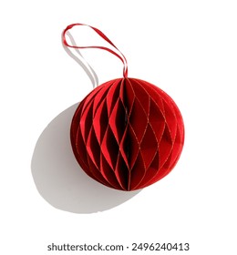 Close up Red Christmas paper ball isolated on white background, Scandinavian Christmas honeycomb ornaments. New year paper bauble, Modern xmas decoration, minimal style winter holiday, top view - Powered by Shutterstock