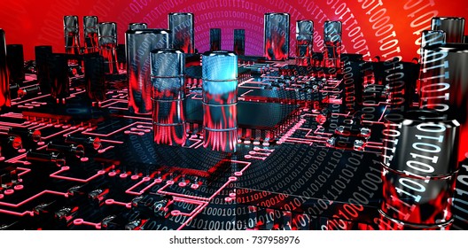 Close up of red circuit board against spiral of shiny binary code