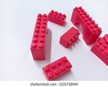 Close Up Red Creative blocks Educational Toys isolated on White Background