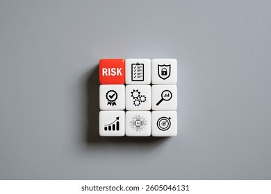close up at the red cube  to identify red danger risk cube among other normal incident. Risk management concept for business and personal planning for risk mitigation with information and decision