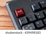 close up of red exit button computer keyboard on office desk