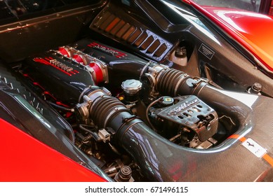 close up of Red Ferrari F430 Scuderia Engine system with logotype. at Bangkok, Thailand, July 2017 ; editorial use only