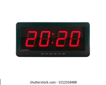 Close Up Red Led Light Illumination Numbers 2020 On Black Digital Electric Alarm Clock Face Isolated On White Background, Time Symbol Concept For Celebrating The New Year