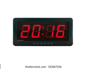 Close Up Red Led Light Illumination Numbers 2016 On Black Digital Electric Alarm Clock Face Isolated On White Background, Time Symbol Concept For Celebrating The New Year