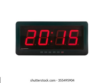 Close Up Red Led Light Illumination Numbers 2015 On Black Digital Electric Alarm Clock Face Isolated On White Background, Time Symbol Concept For Celebrating The New Year