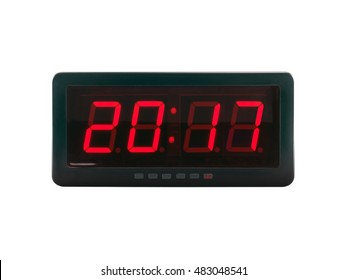 Close Up Red Led Light Illumination Numbers 2017 On Black Digital Electric Alarm Clock Face Isolated On White Background, Time Symbol Concept For Celebrating The New Year