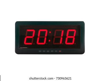 Close Up Red Led Light Illumination Numbers 2018 On Black Digital Electric Alarm Clock Face Isolated On White Background, Time Symbol Concept For Celebrating The New Year