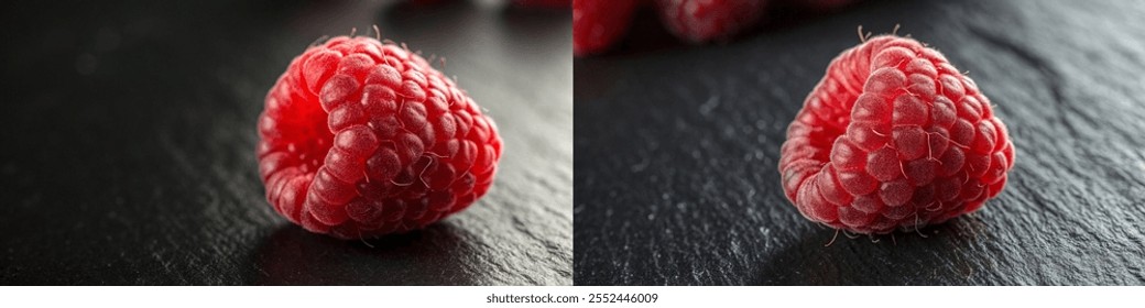 A close up of a red raspberry on a black surface. The close up of the raspberry is accompanied by another close up of a raspberry on the same surface. Scene is simple and straightforward - Powered by Shutterstock